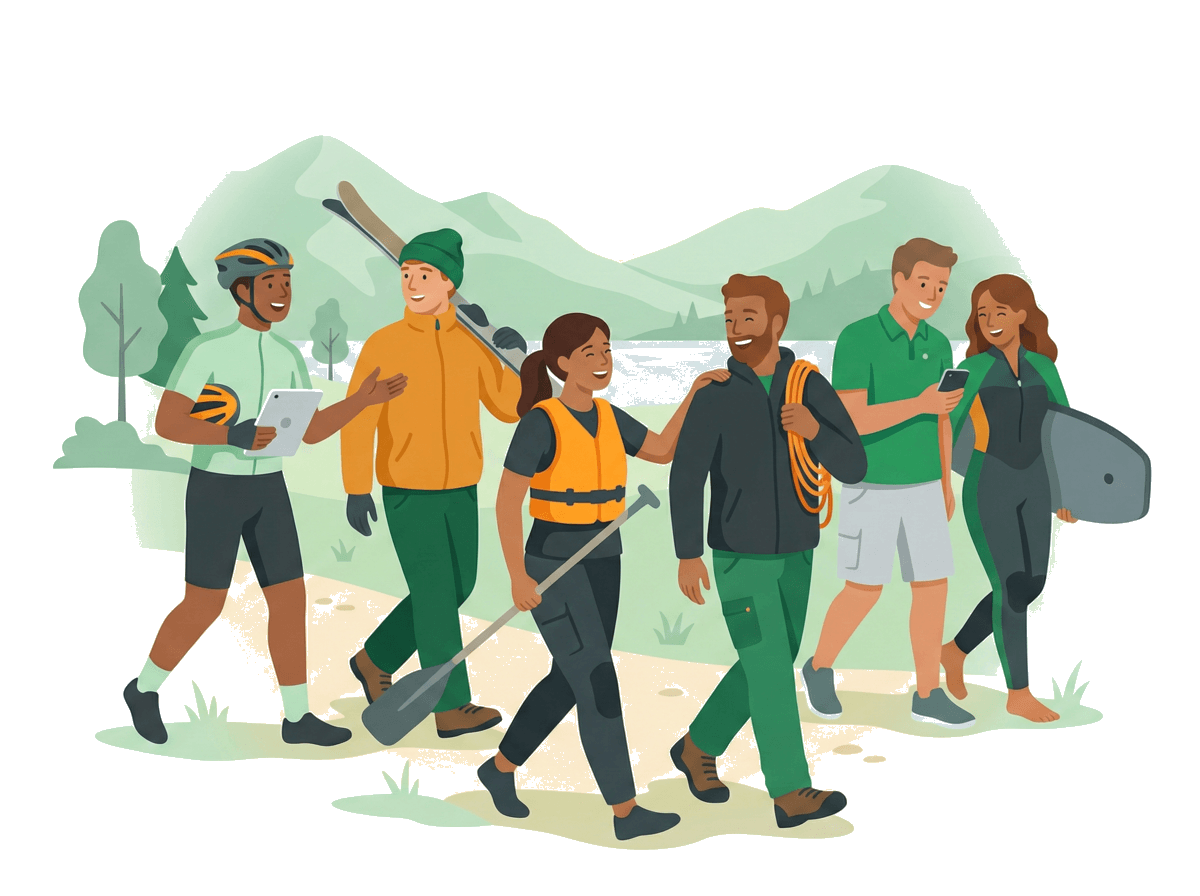 Professionnel du sport travaillant sur un laptop en montagne, entouré d'équipements sportifs