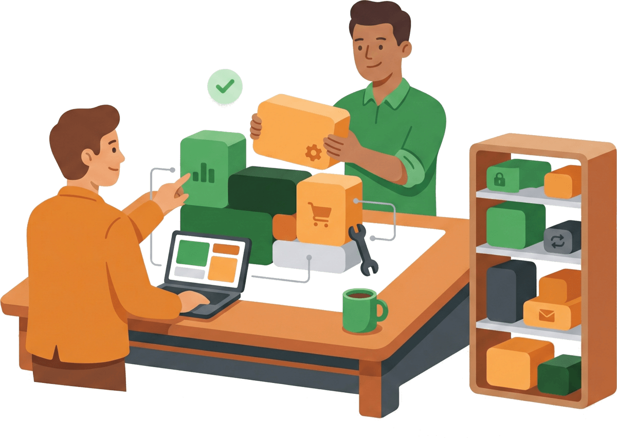 Développeur assemblant des blocs modulaires sur mesure pour un client, avec étagère de composants