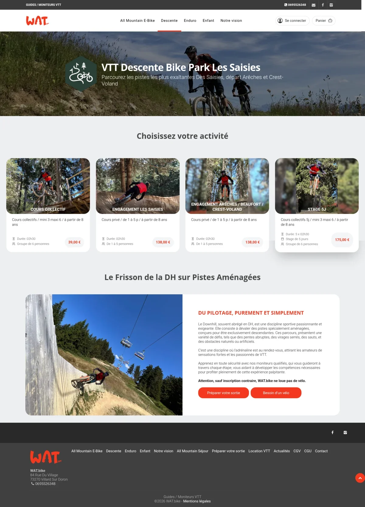 Site WAT Bike Park avec module de réservation Rentool intégré — vue complète