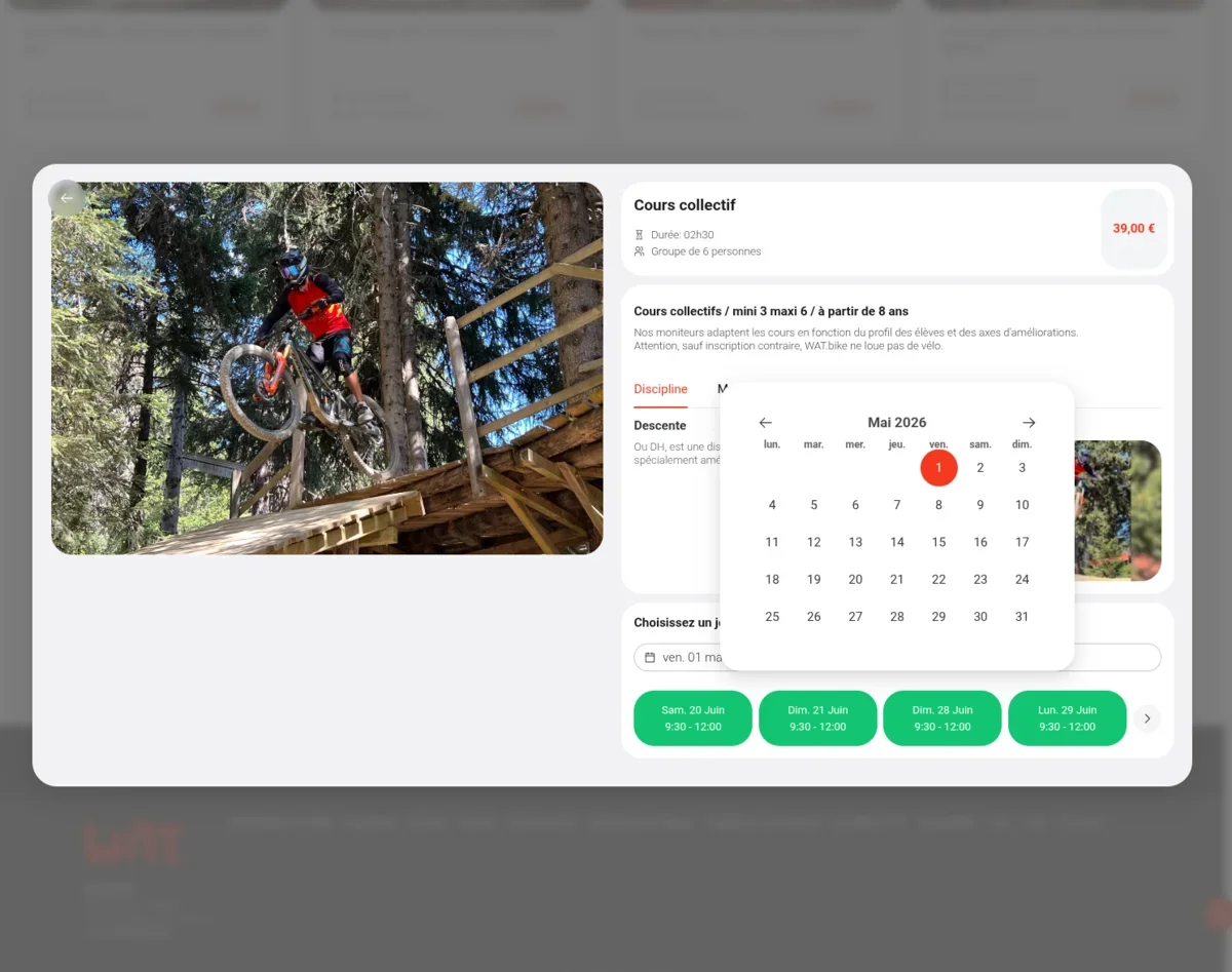 Interface de réservation Rentool — détail cours collectif VTT avec calendrier