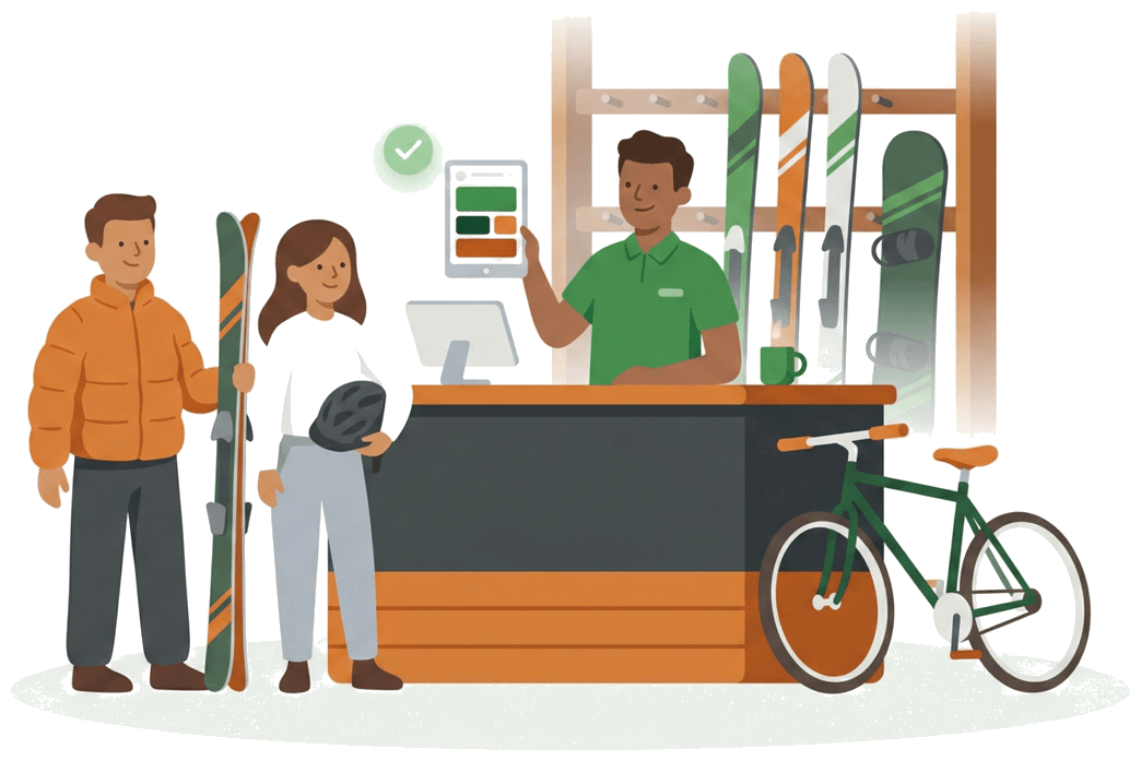 Loueur de ski professionnel derrière son comptoir avec tablette de réservation, couple de clients avec skis et casque vélo