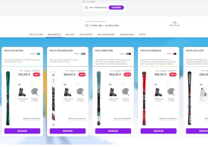 Interface de réservation Ski-Loc — vue desktop