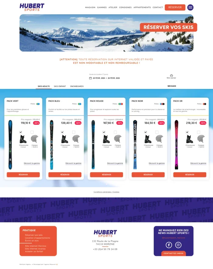 Site Hubert Sports avec module de réservation Ski-Loc intégré